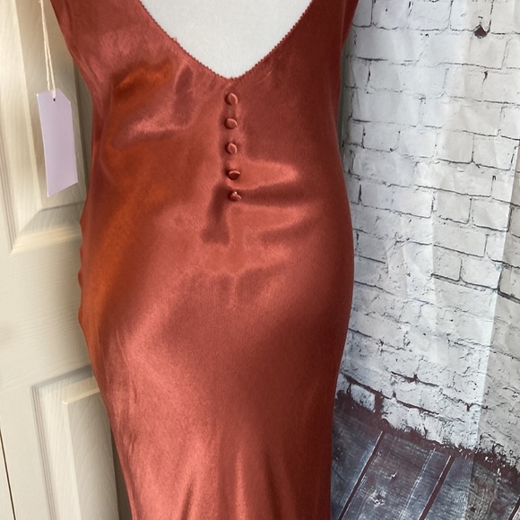 If By The Sea NWT Anthropologie Maxi Dress Button Back Train Detail Copper Sz S - Picture 4 of 16